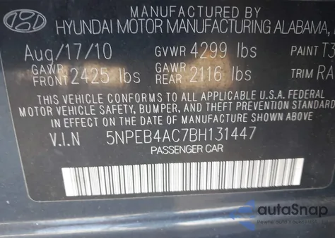 2011 Hyundai Sonata Gls z USA, uszkodzony, nr VIN 5NPEB4AC7BH131447